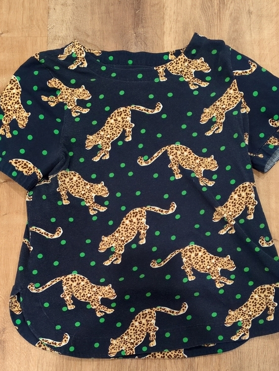 Anthropologie Tops - SALE - Anthropologie Navy Tee with Tan Leopard Motif and Green Polka Dots
